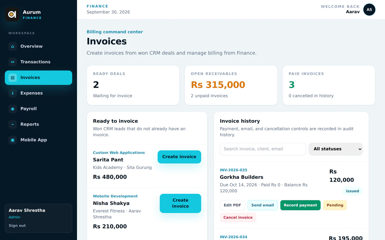 Aurum invoices screen with won deals ready to invoice, sample data