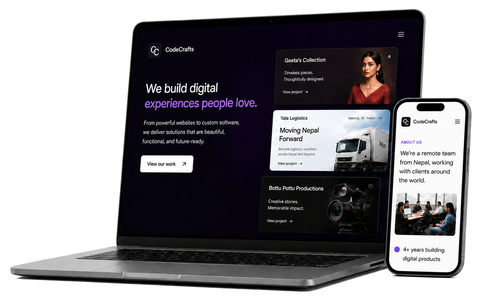 Responsive CodeCrafts website projects displayed on a laptop and phone