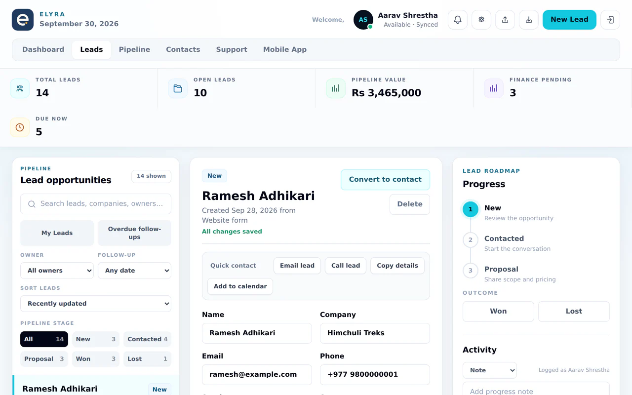 CRM lead record with contact actions, progress and activity