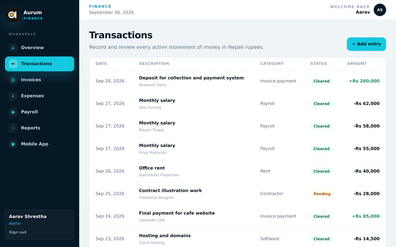 Transactions ledger of income and expenses