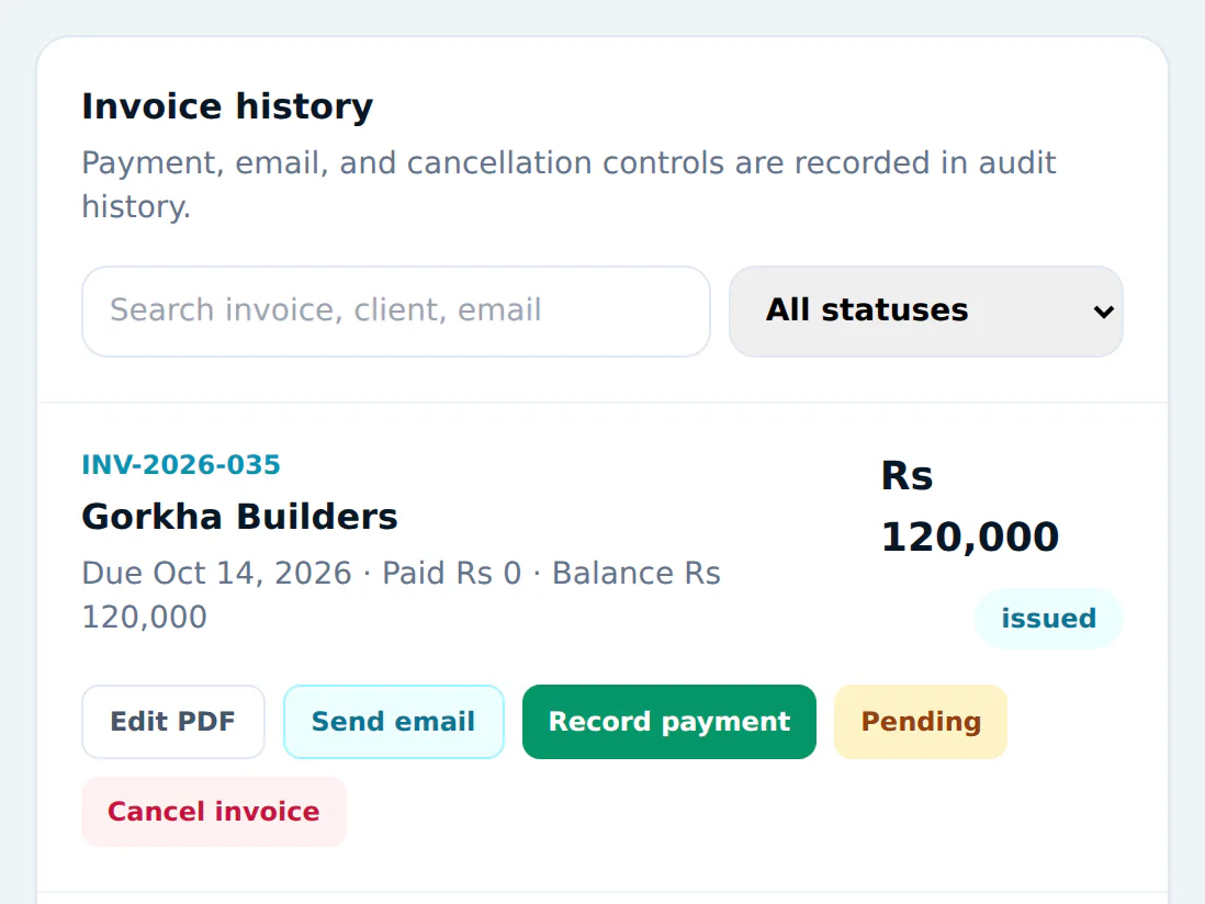 Aurum’s invoice history with paid and issued invoices, sample data