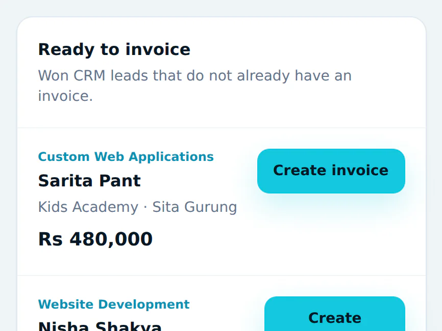 Won deals waiting in Aurum’s ready to invoice list, sample data